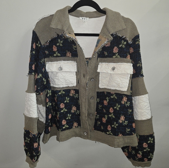 POL Floral Patchwork Utility Jacket - Navy and Tan POL Floral Corduroy Boho - Picture 2 of 6